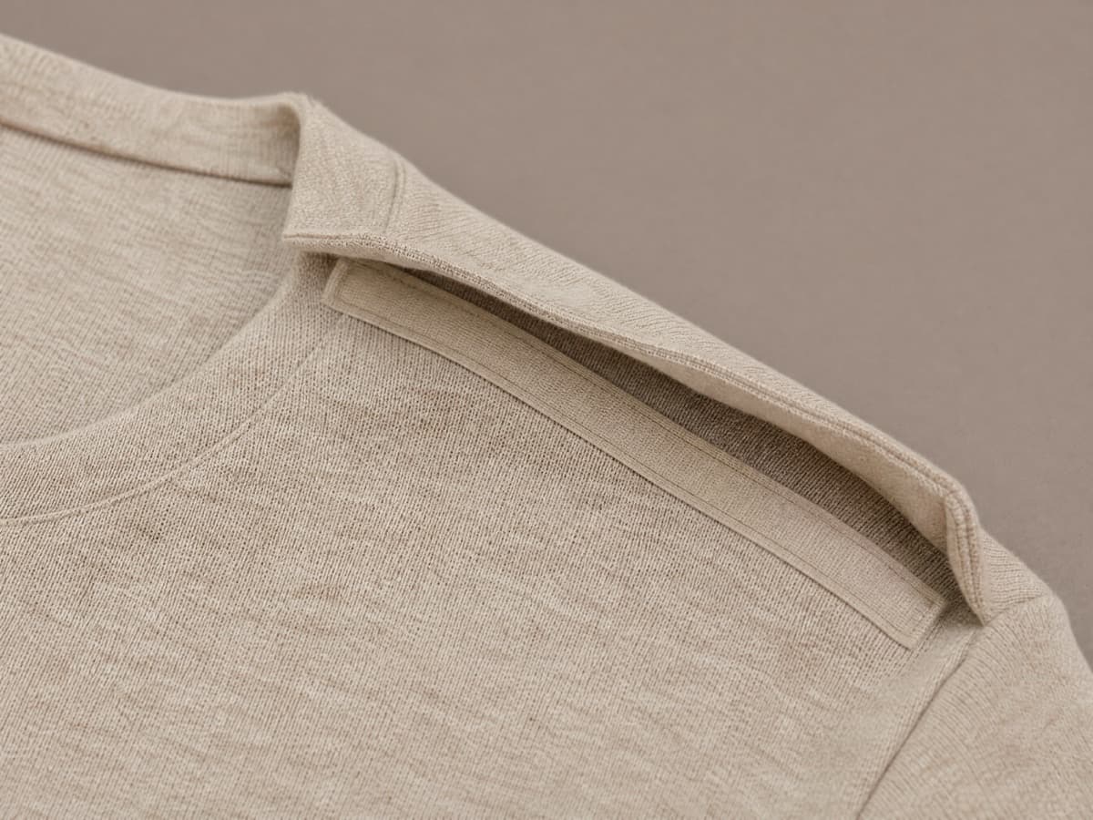 A knitted top with the shoulder seam unfastened and lifted open, showing the flat closure strip that runs along the shoulder line.