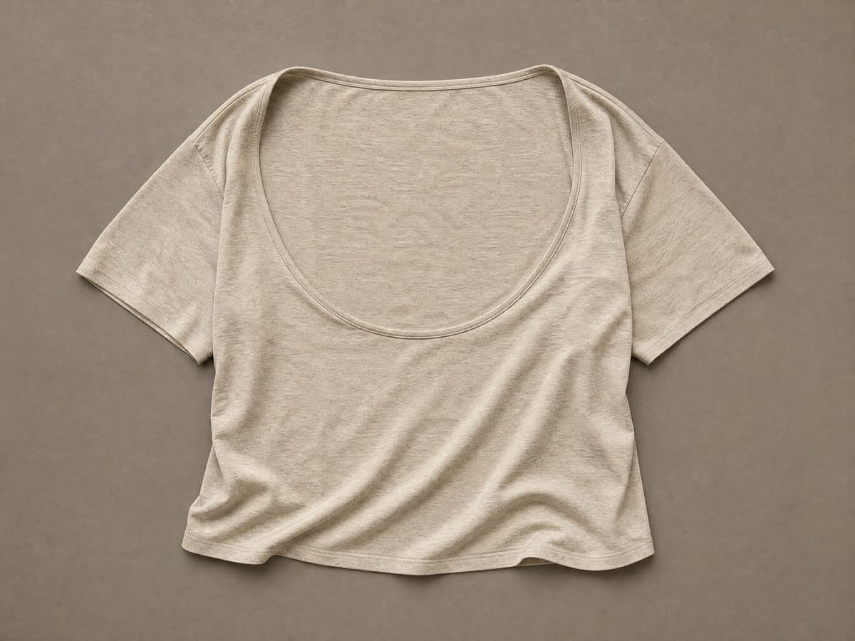 A jersey top with a wide relaxed neckline and no fasteners of any kind on the garment.