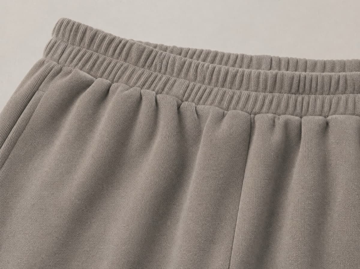 A wide fully elasticated knitted waistband laid flat, with no button, no hook and no rigid facing anywhere along it.