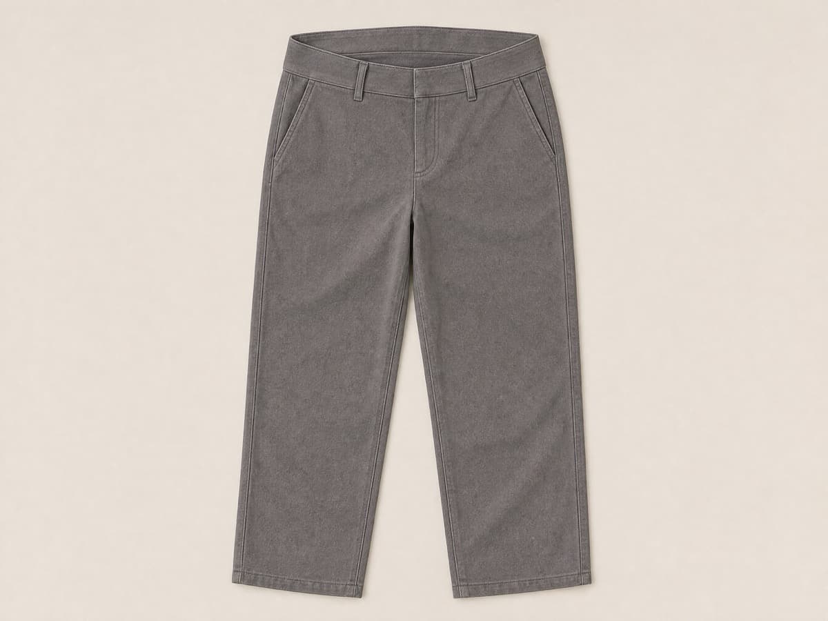 Warm grey cotton twill trousers laid flat, showing a higher back waistline and a shorter front rise, the waistband smooth with no bulk.