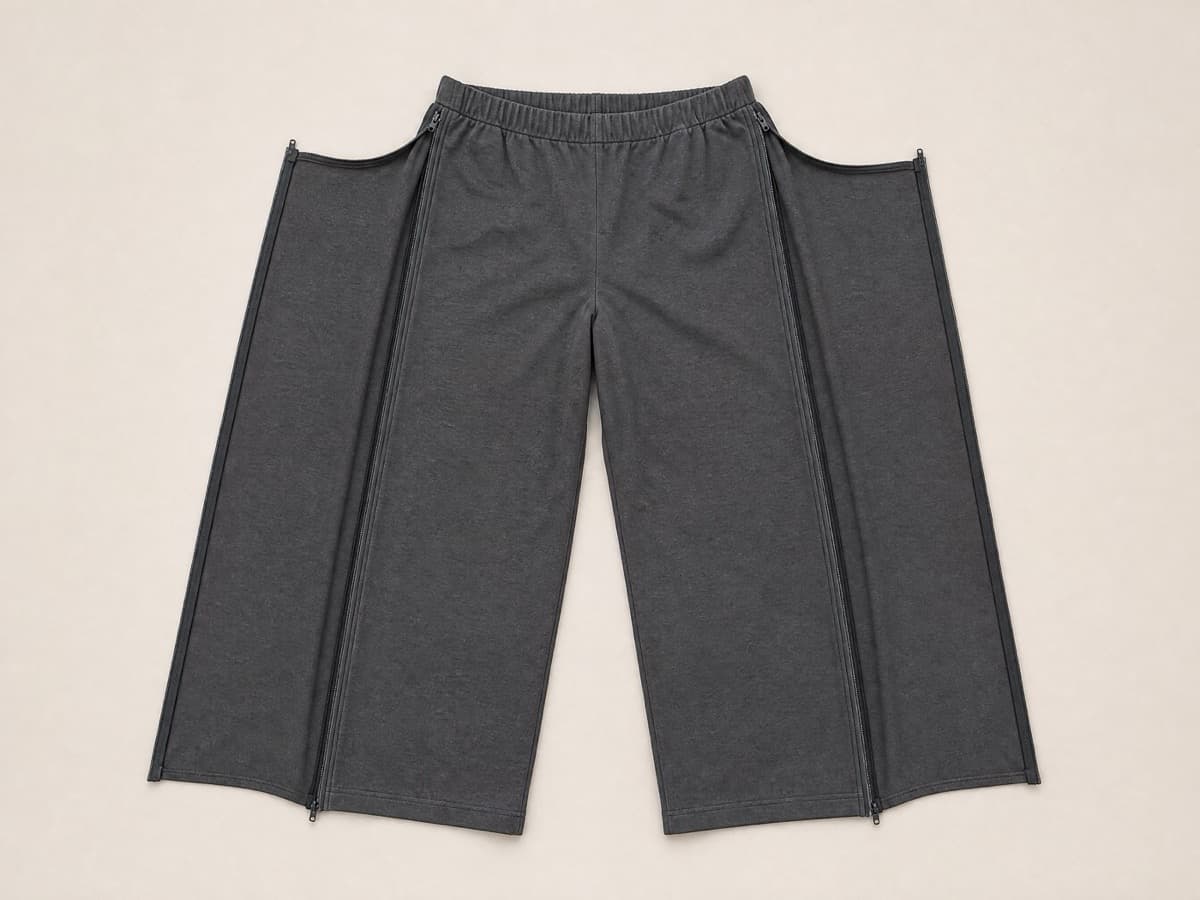 The same trousers with both side zips opened all the way, each leg spread wide open so the pair lies completely flat.