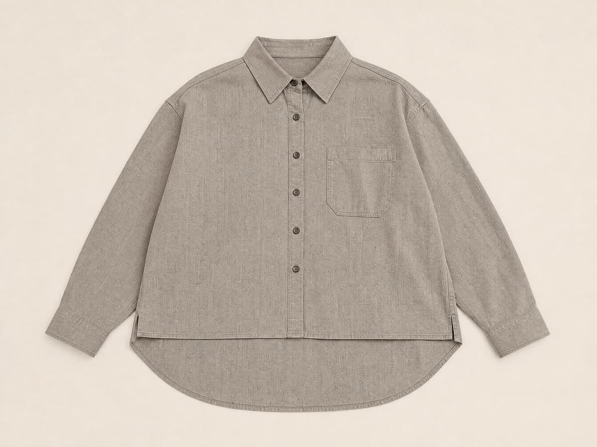 A warm grey cotton shirt laid flat with a distinctly longer back hem and a shorter, flatter front hem, the front panel smooth at the waist.