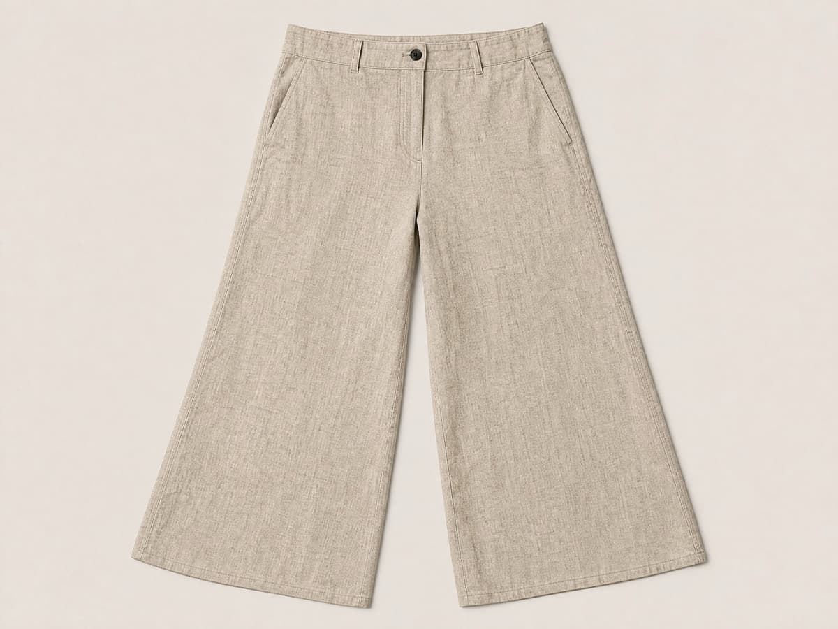 Wide straight-leg oatmeal linen trousers laid flat, the leg openings noticeably generous, the whole garment relaxed and unstructured.