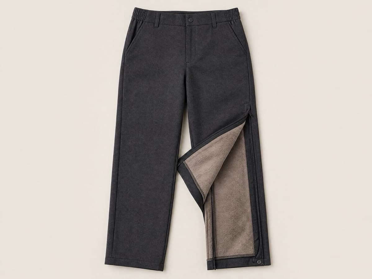 Deep charcoal winter trousers laid flat with one leg folded back to reveal a smooth warm lining inside, showing the double-layer construction.