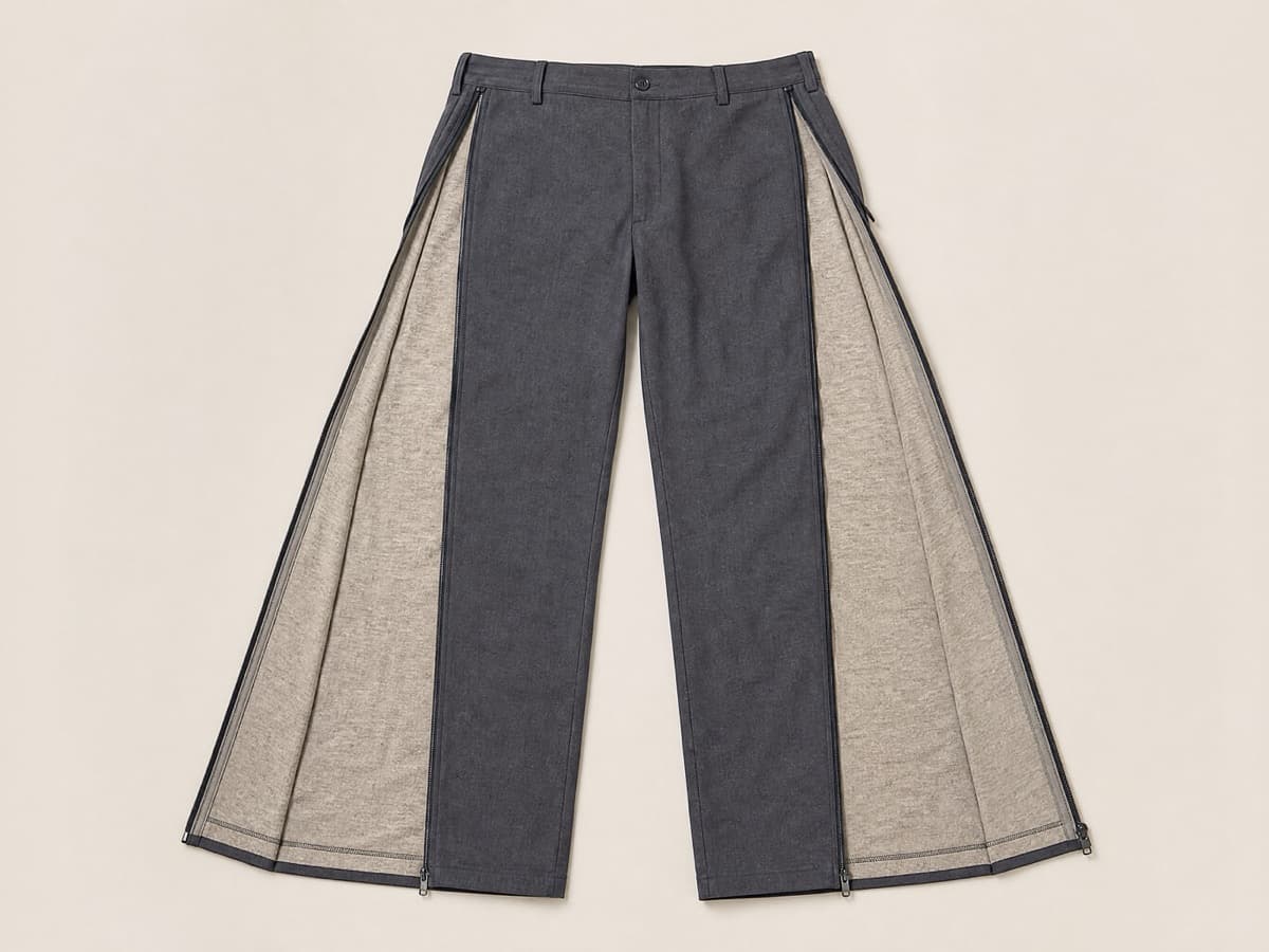 The same premium trousers with both full-length side zips fully opened so each leg lies open as a flat panel, the lining visible along the inside.