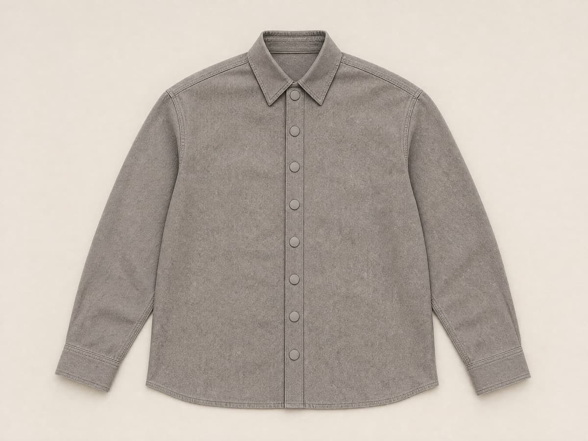 A warm grey cotton shirt laid flat with a slightly heavier front placket closed by larger fabric-covered magnetic discs, the placket edge crisp.