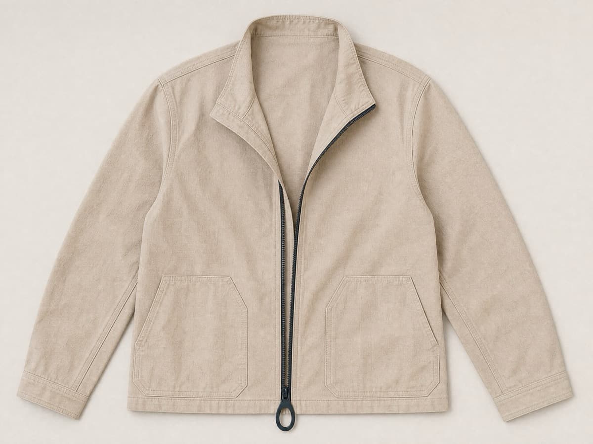 A soft sand cotton jacket laid flat with a matte front zip fitted with an oversized flat oval loop pull, the zip half open.