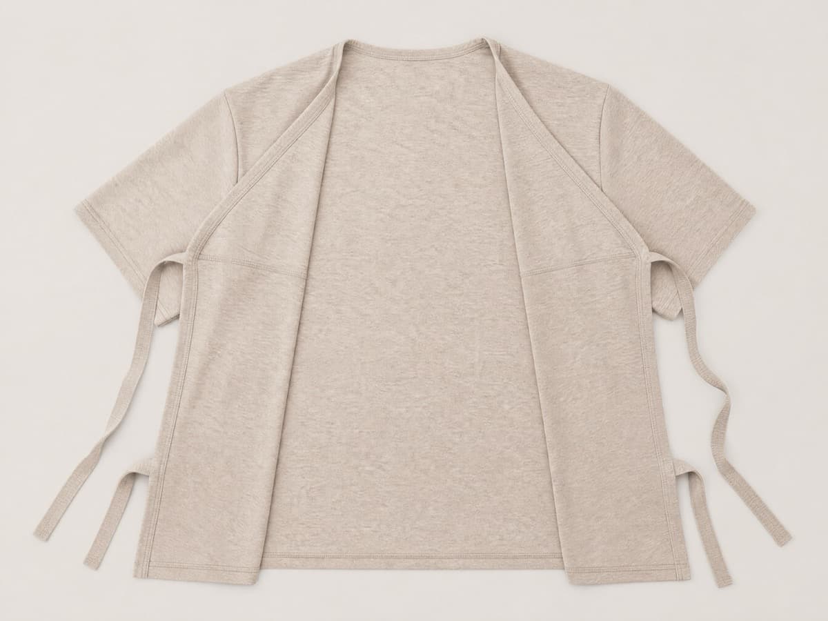 The same top laid completely flat and open with the side tapes untied and hanging loose, showing there is no fastener anywhere on the garment.