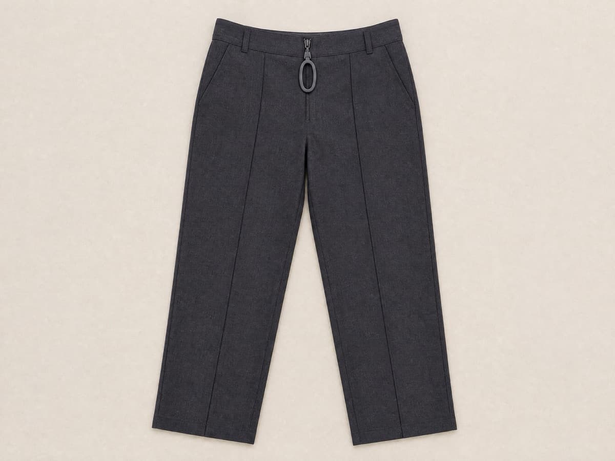 Charcoal trousers laid flat with a front fly zip fitted with an oversized flat oval loop pull resting visibly on the flat fabric.