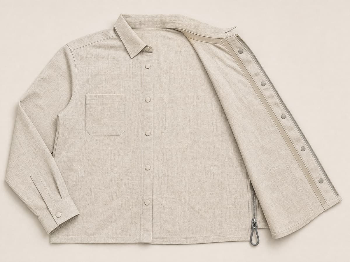 A premium stone-coloured shirt laid flat showing both the smooth magnetic front placket and an oversized loop zip pull at the side seam.