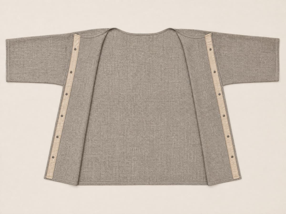 The same top opened at both side seams and spread into one completely flat wide open rectangle, sleeves extended, nothing folded or overlapping.