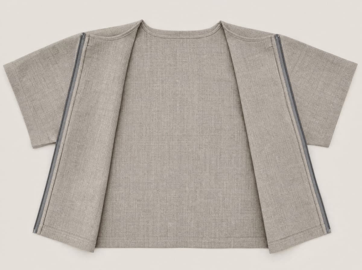 A warm grey woven top from a matching two-piece set, laid flat and closed, reading as an ordinary relaxed top.