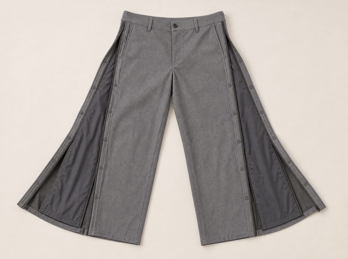 Warm grey trousers from a matching two-piece set, laid flat with full-length side openings on both legs spread wide open.
