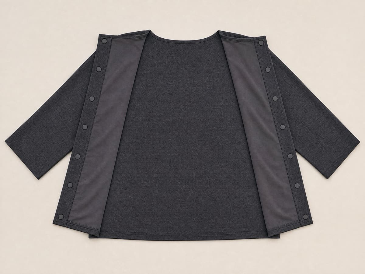 A premium deep charcoal top laid flat and closed, the side seams reading as ordinary seams with the magnetic closures hidden inside.
