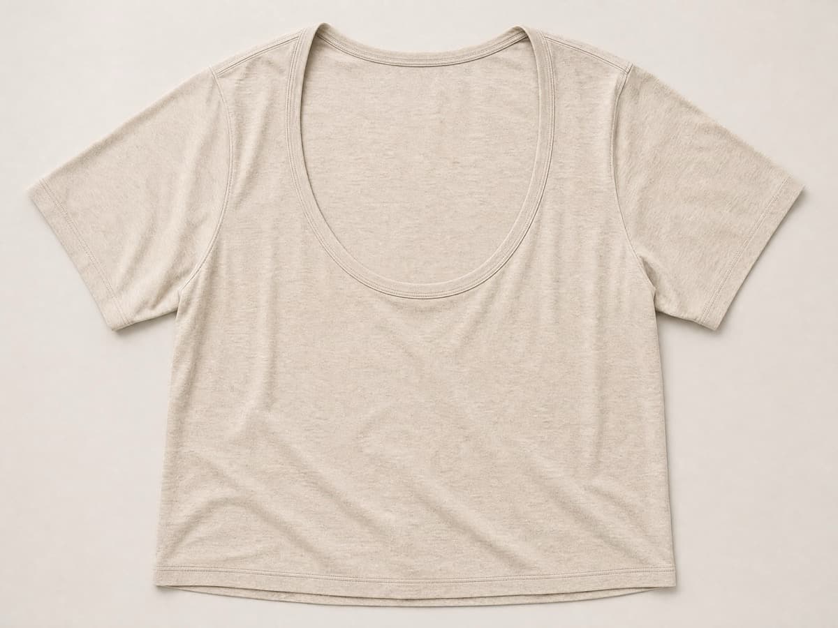 A soft sand jersey short-sleeve t-shirt laid flat with an unusually wide relaxed neckline, the neck opening held round and generous.