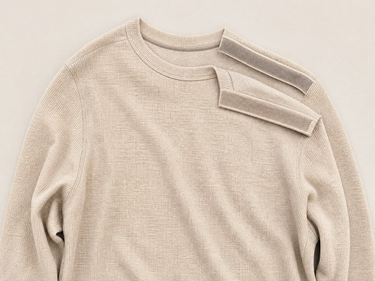 A soft oatmeal knitted top laid flat and closed, the shoulder line smooth with the closure strip hidden inside the seam.