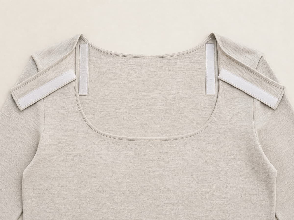 A premium stone combed-cotton top laid flat and closed, the wide neckline bound flat and the shoulder seams reading as ordinary seams.