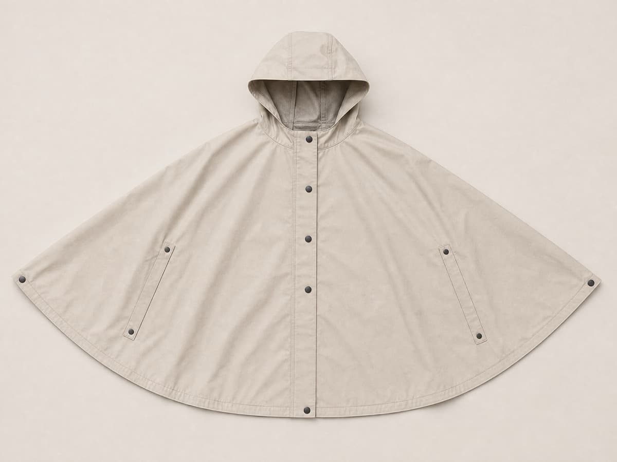 A light oatmeal rain cape laid flat and spread wide open into a broad semicircle of matte weather fabric, with a simple hood at the top edge.