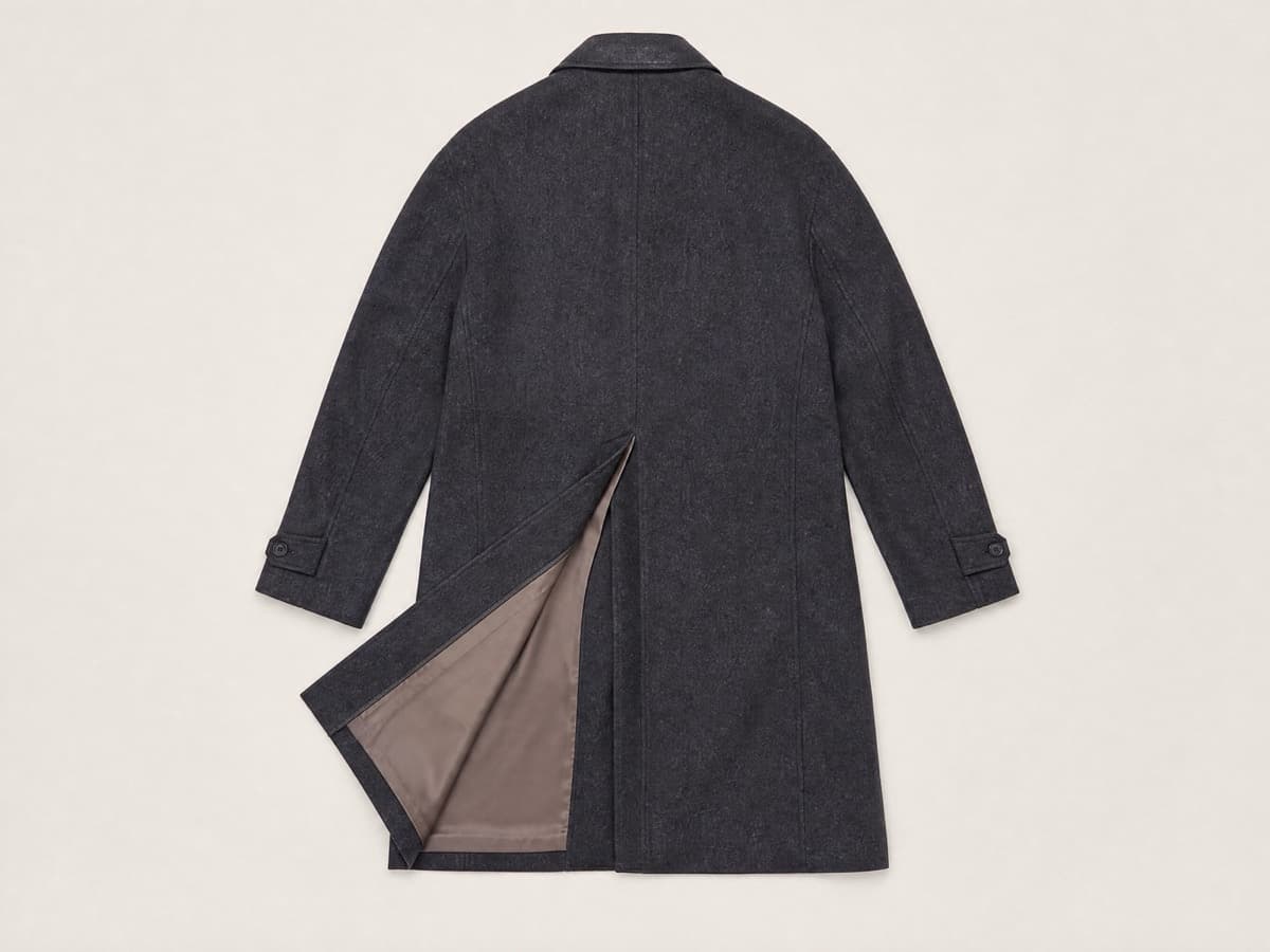 A long deep charcoal coat laid flat with the lower back panel turned to reveal a long centre-back vent and a smooth inner lining.