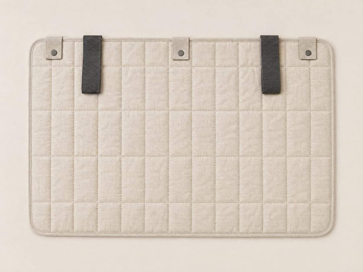 A rectangular quilted oatmeal lap cover laid flat, with flat webbing straps and simple fastening tabs along its top edge.