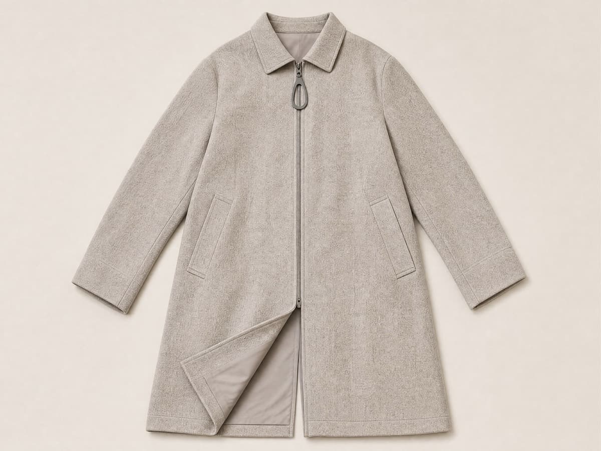A premium long stone-coloured coat laid flat showing an oversized loop zip pull at the front, a centre-back vent and a lining at the turned-back hem.