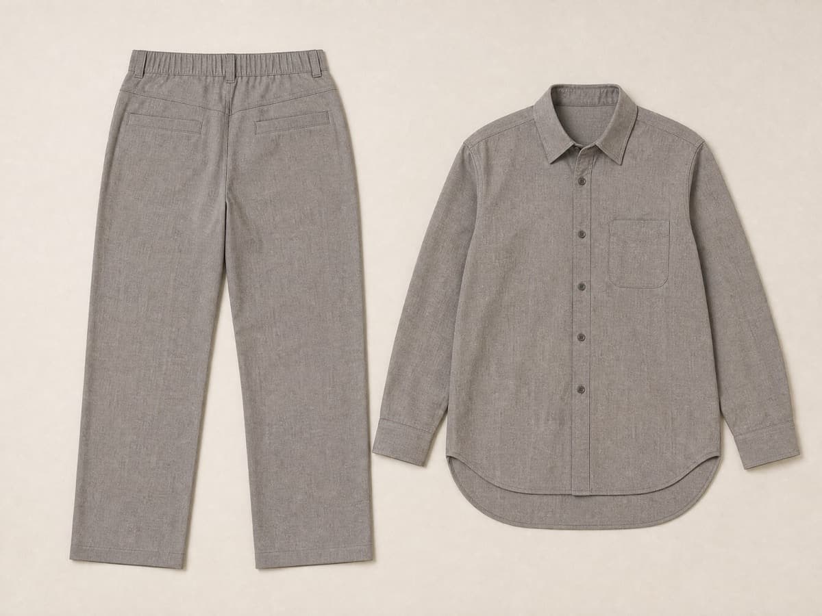 Two matching warm grey garments laid flat side by side: trousers with a higher back waist, and a shirt with a longer back hem.
