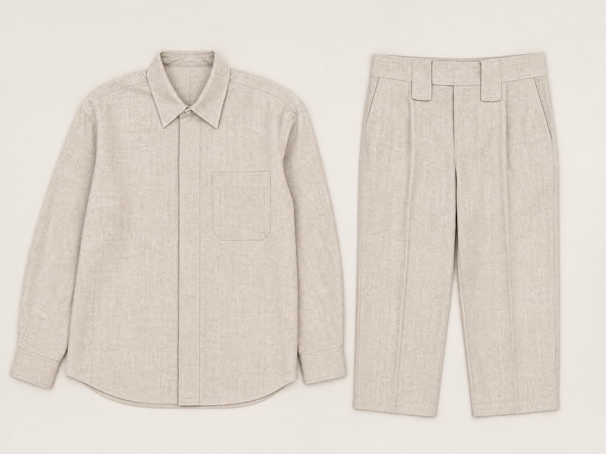 Two matching oatmeal garments laid flat side by side: a shirt with a smooth magnetic front placket and trousers with a magnetic waistband panel.