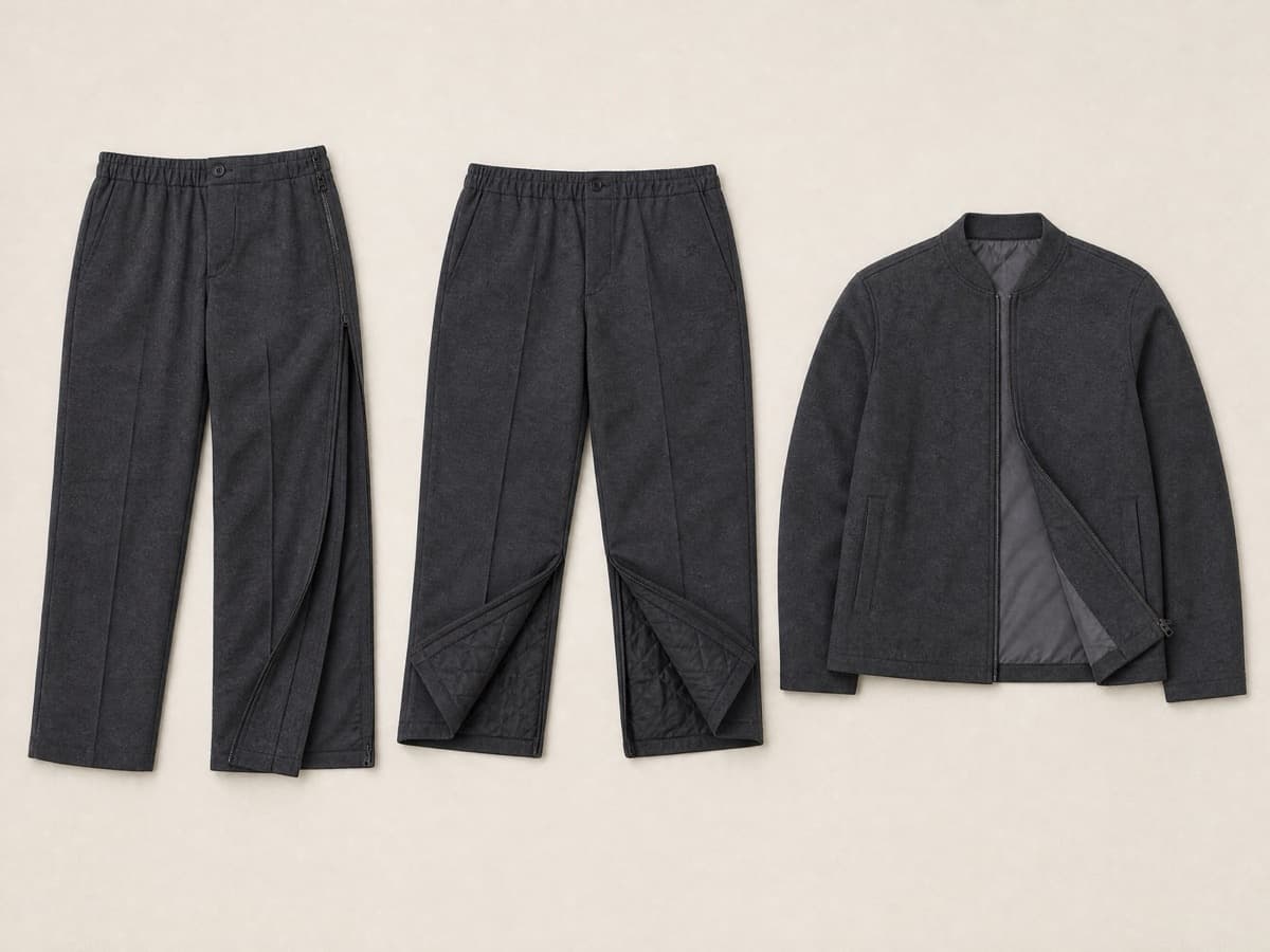 Three matching charcoal garments laid flat in a row: side-zip trousers, lined trousers and a short jacket.