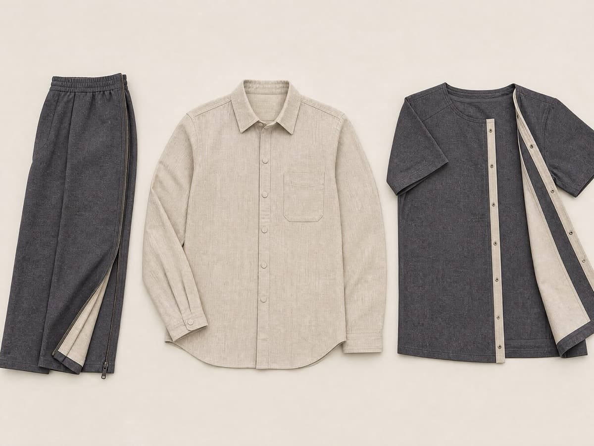 Three premium stone and charcoal garments laid flat in a row: side-zip trousers, a magnetic-closure shirt and a fully side-opening top.